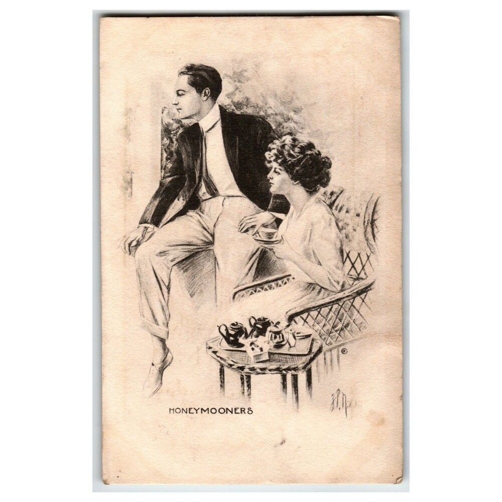 Vintage HONEYMOONERS Postcard Romantic Couple Tea Time Art Illustration